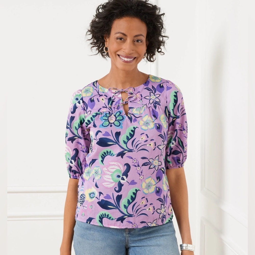 Talbots tie front top blouse bows lilac floral cotton jacobean block puff sleeve